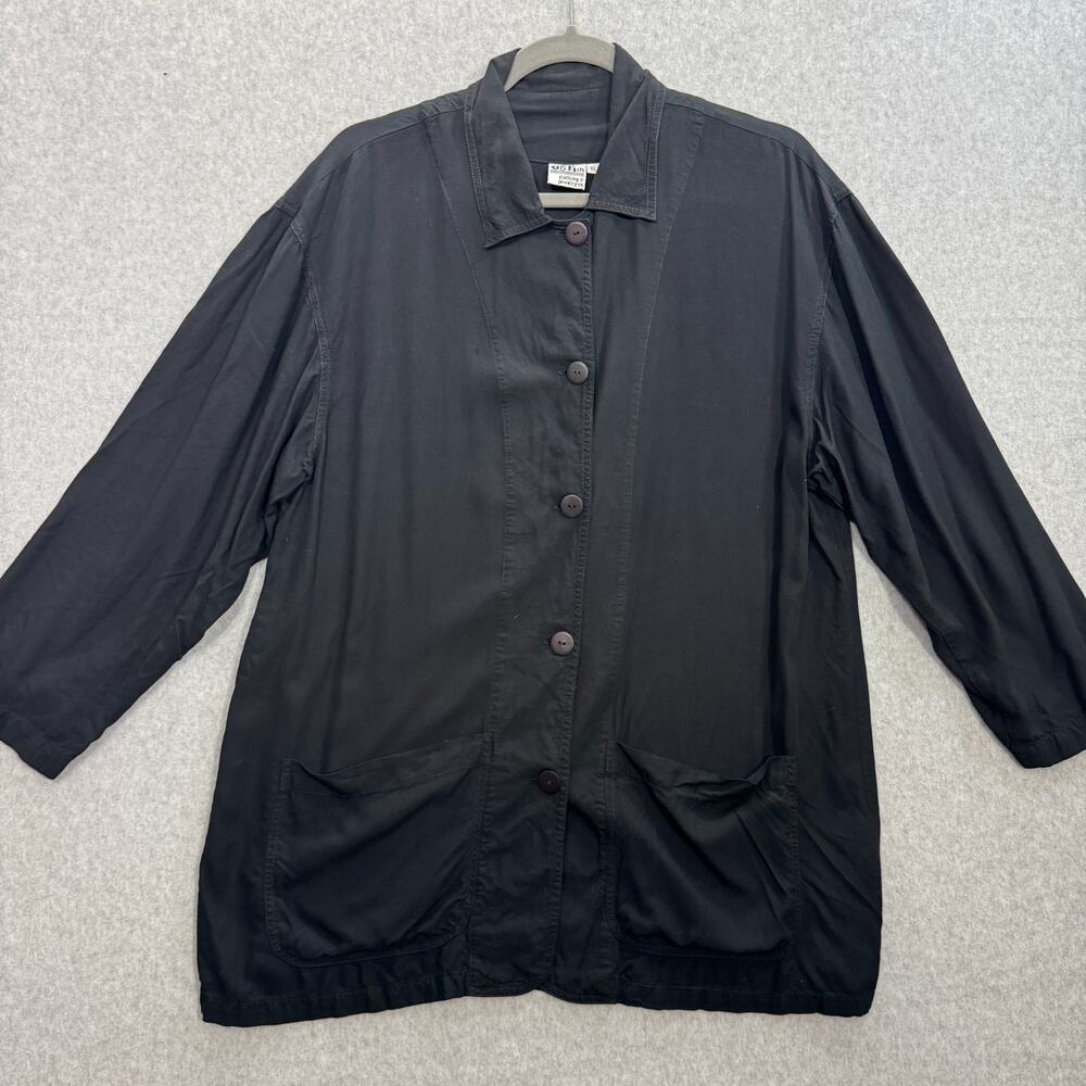 Go Fish Button Up Tunic Shirt Sz XL Black Oversized Lagenlook Artsy Teacher Boho